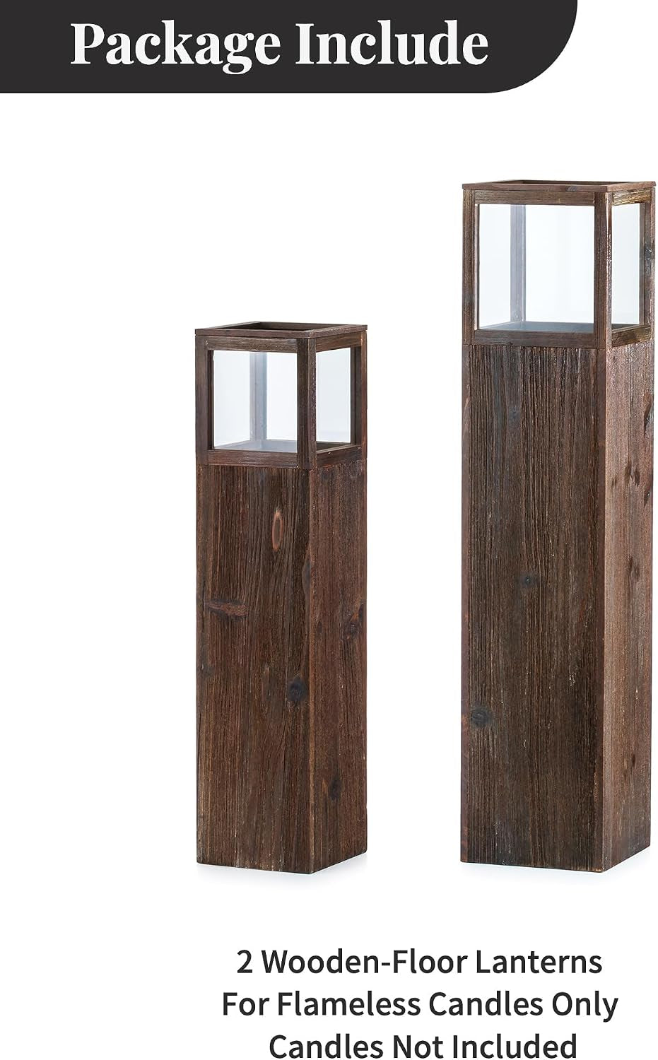 Front studio view of two tall rustic wooden lantern pillars with clear glass-enclosed tops on white background