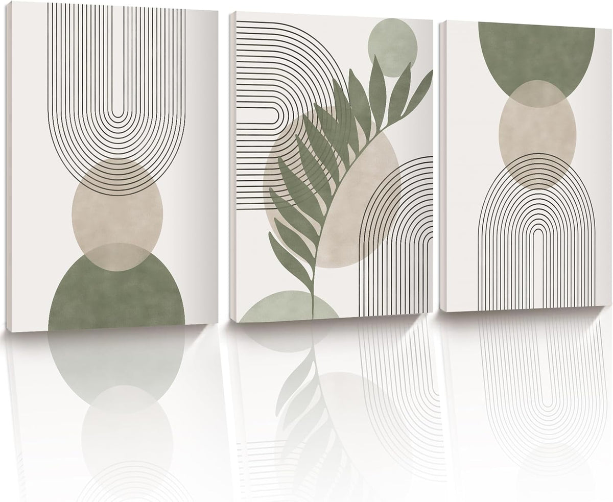 Three vertical abstract canvas panels with sage-green leaves, beige circles and black concentric arcs reflected below.