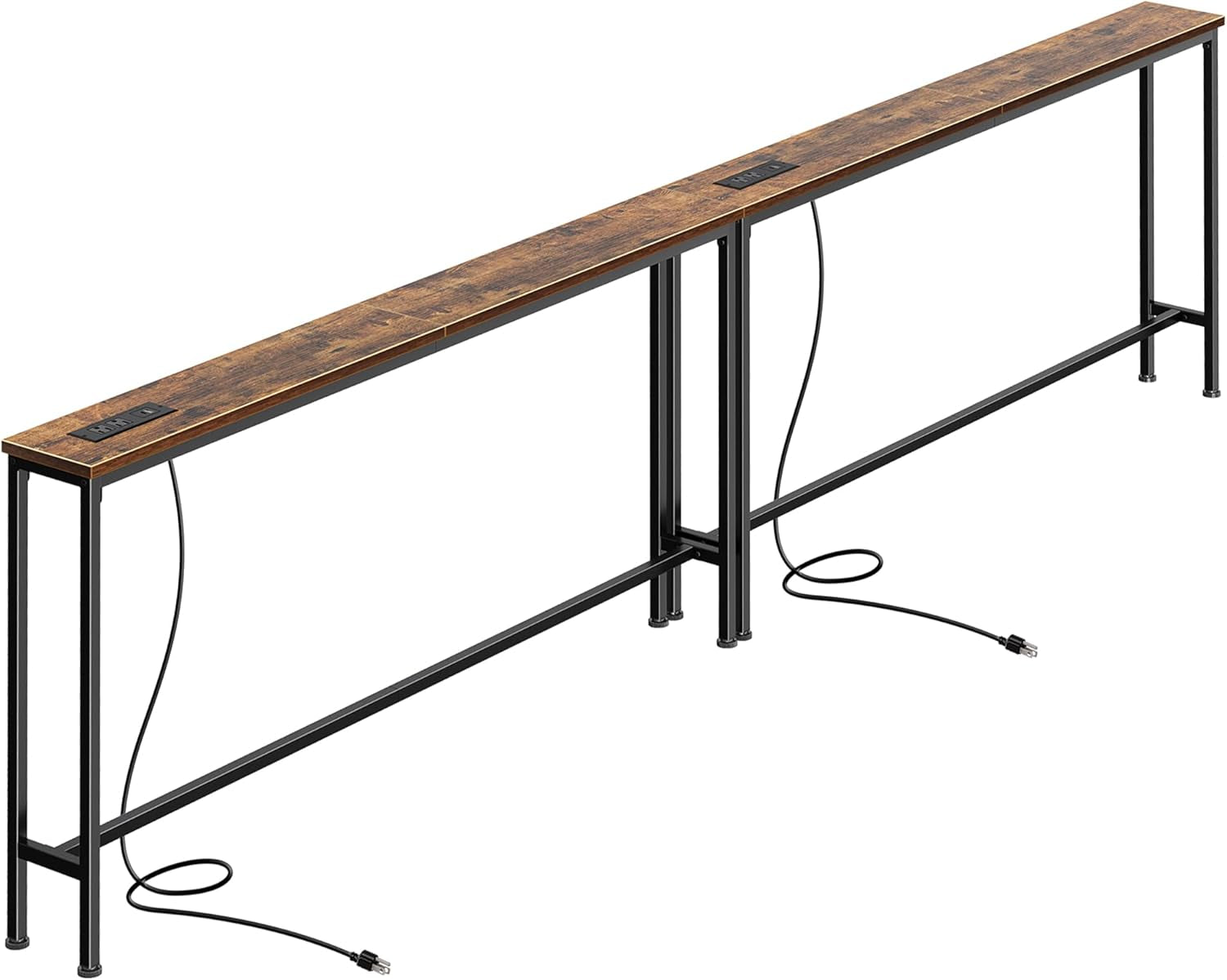 Narrow console table with darker brown wood top and black metal legs, showing power modules and cords.