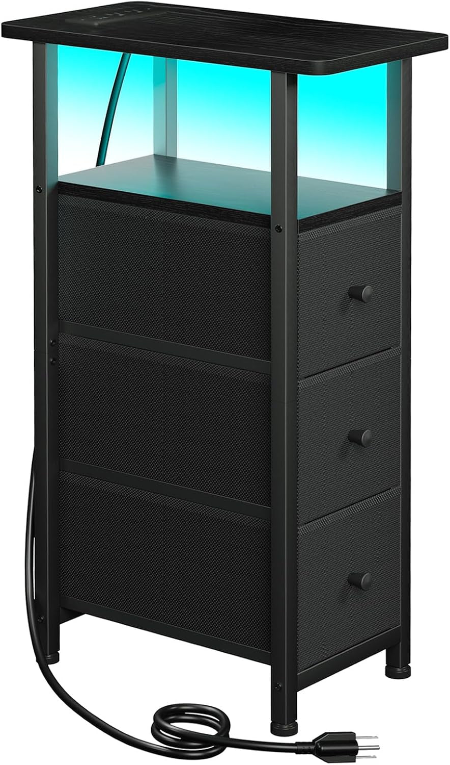 Black narrow table with teal glow and three fabric drawers with three knobs