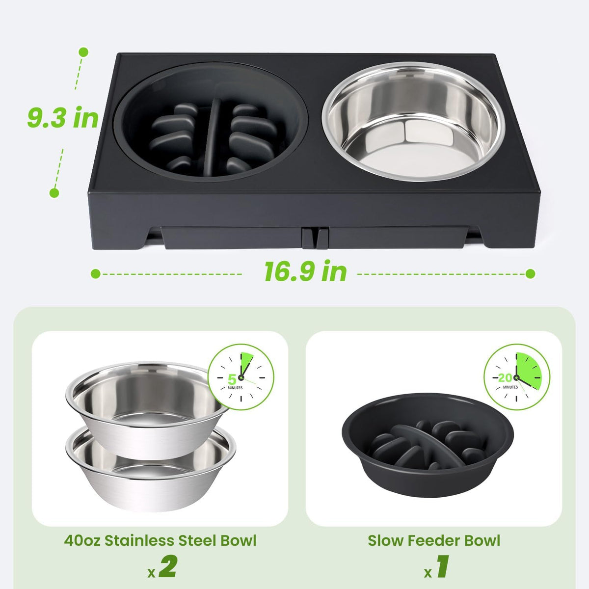 Two 40 oz stainless steel bowls stacked beside a round black slow-feeder bowl on a white background