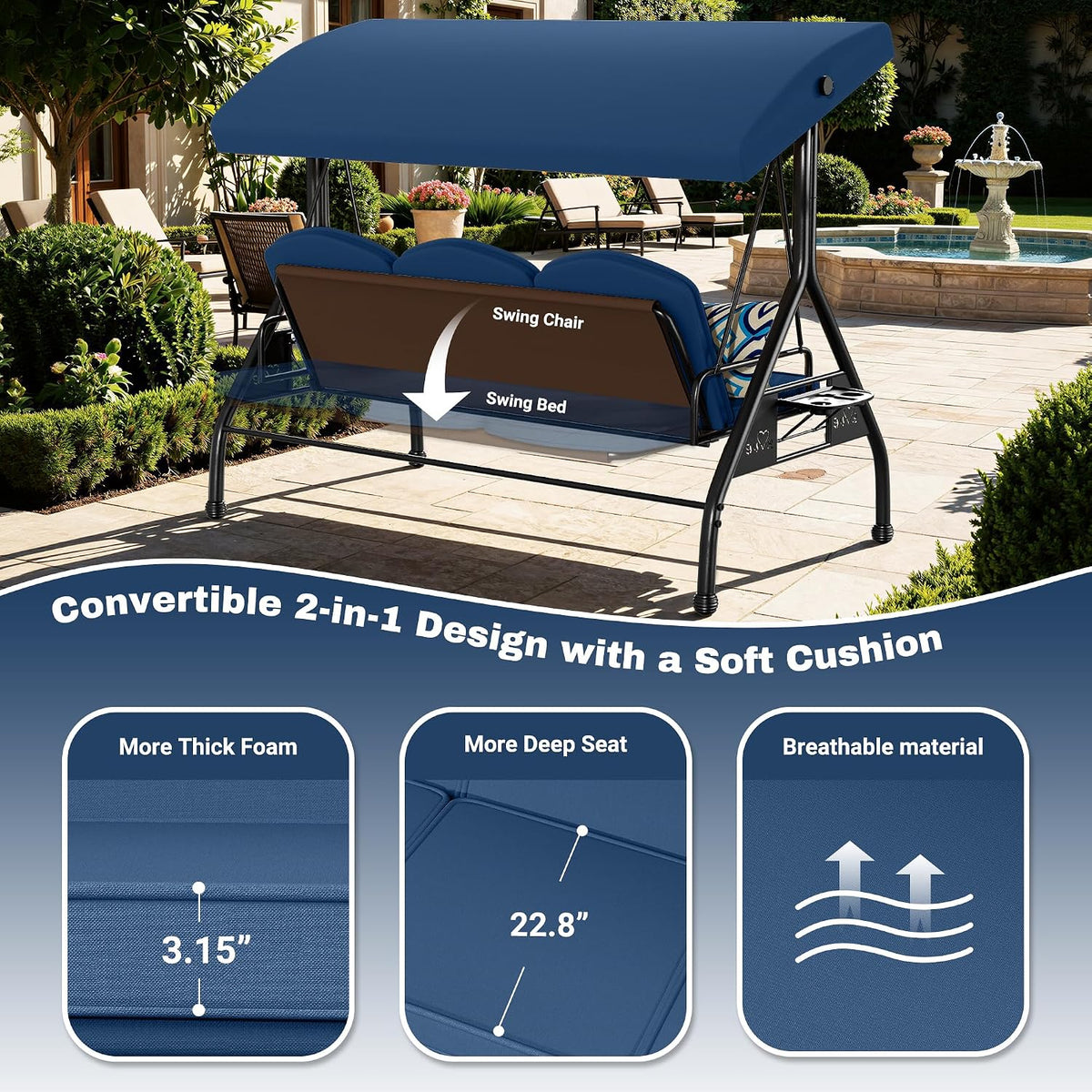 Blue patio swing shown converting from swing chair to flat swing bed on a backyard patio