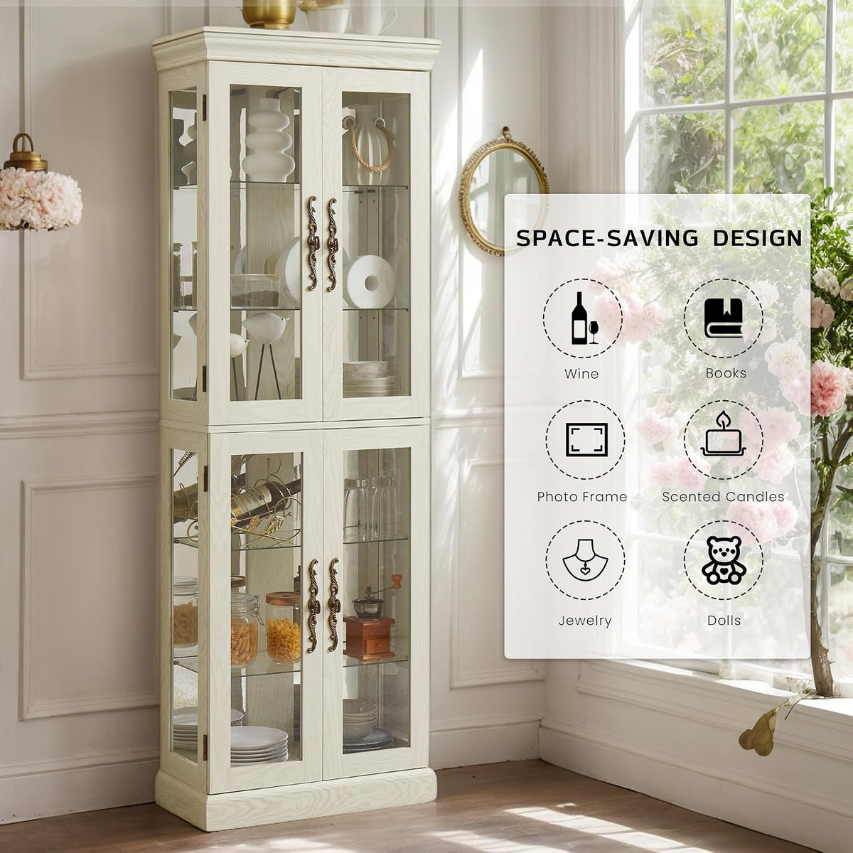 Curio cabinet in a bright room displaying dishes and jars with a space‑saving feature graphic overlay