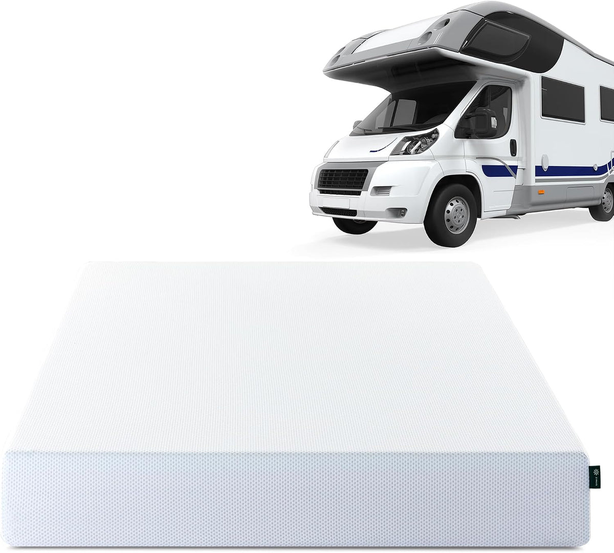 White rectangular mattress shown flat on a white background with a white RV in the top right corner.