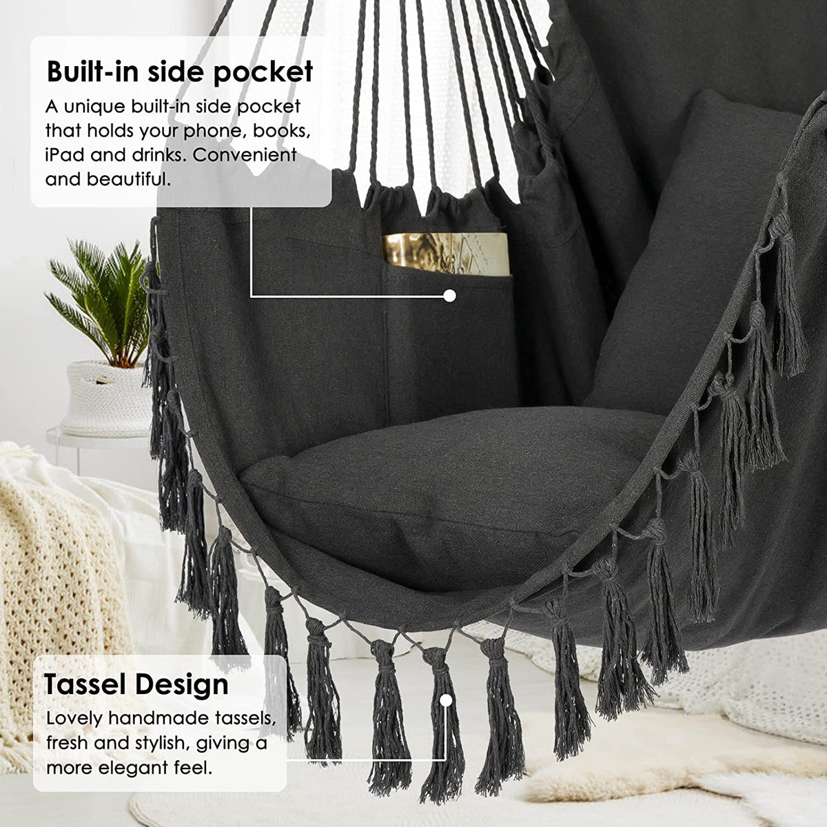 Close-up of dark grey hammock chair showing the built-in side pocket and decorative tassel trim along the front edge