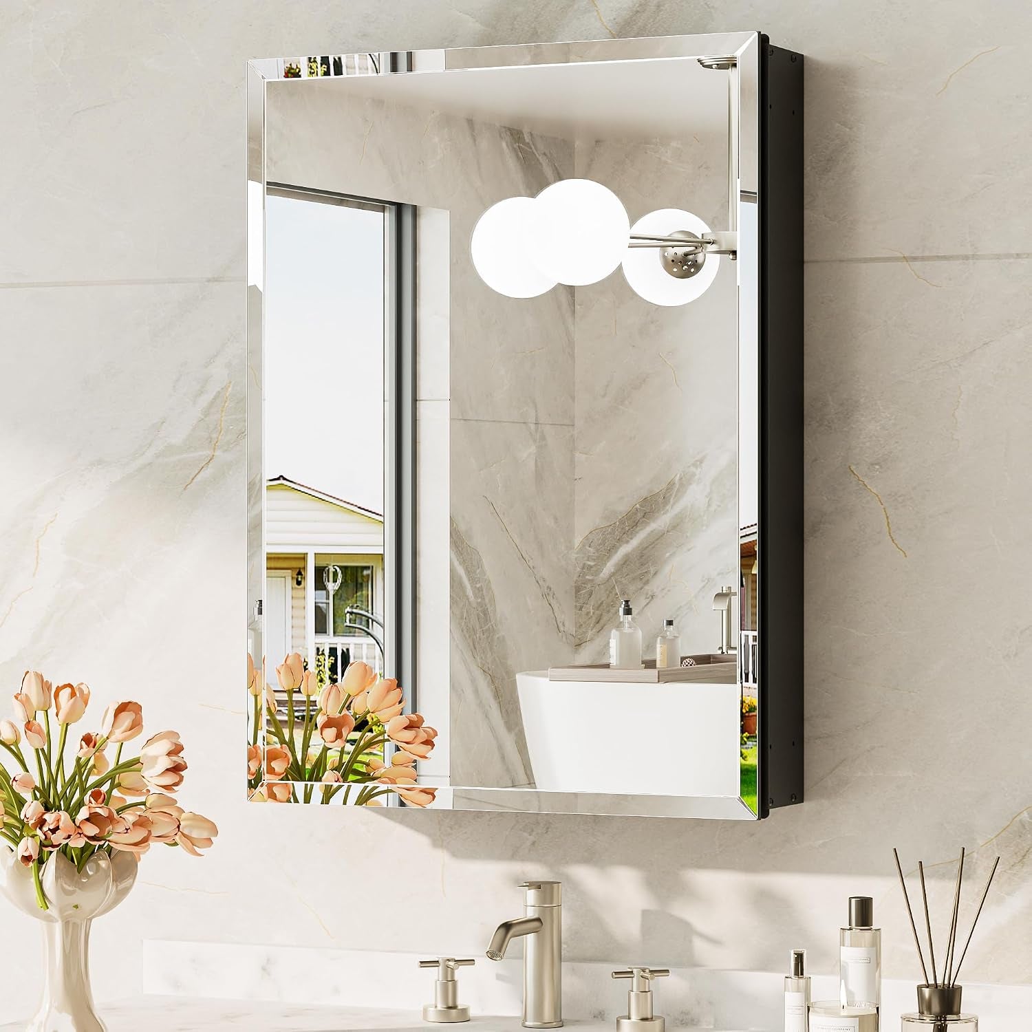 Side-angle of a rectangular mirrored cabinet showing its mirrored front and dark side panel