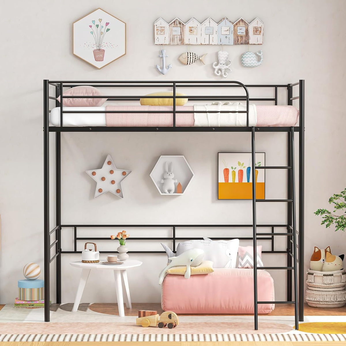 Black metal loft bed in a children's room with pink lower seating, toys, wall decor and ladder at right.