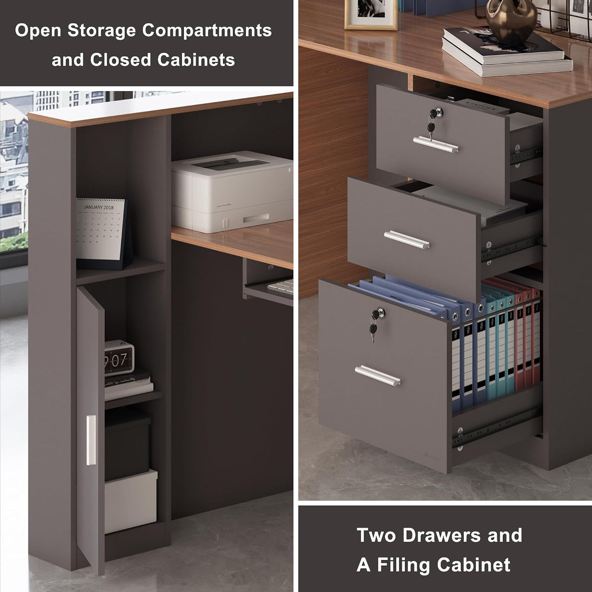 Close-up of open storage compartments and three drawers including filing cabinet with hanging files visible