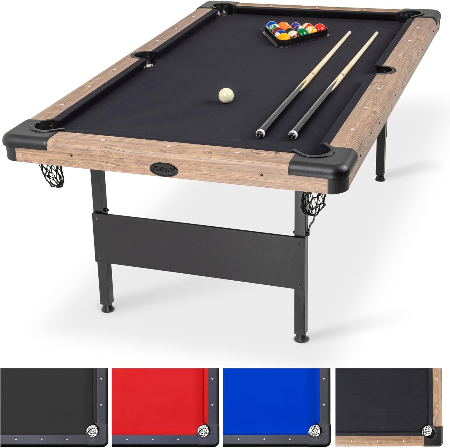 Angled view of a wood‑trim pool table with black felt, two cues and a racked set of balls.