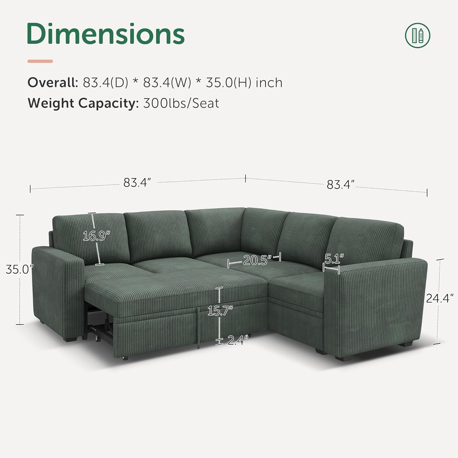 Modular Sectional Sleeper Sofa with Pull Out Bed, Corduroy L Shaped Couch with Storage, Sectional Couches for Living Room, Green