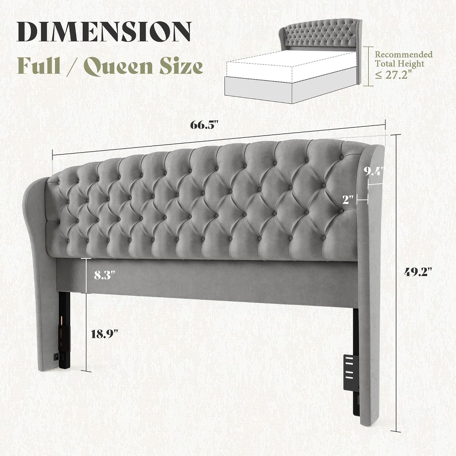 Illustration of Full/Queen headboard with measurement overlays and visible mounting legs