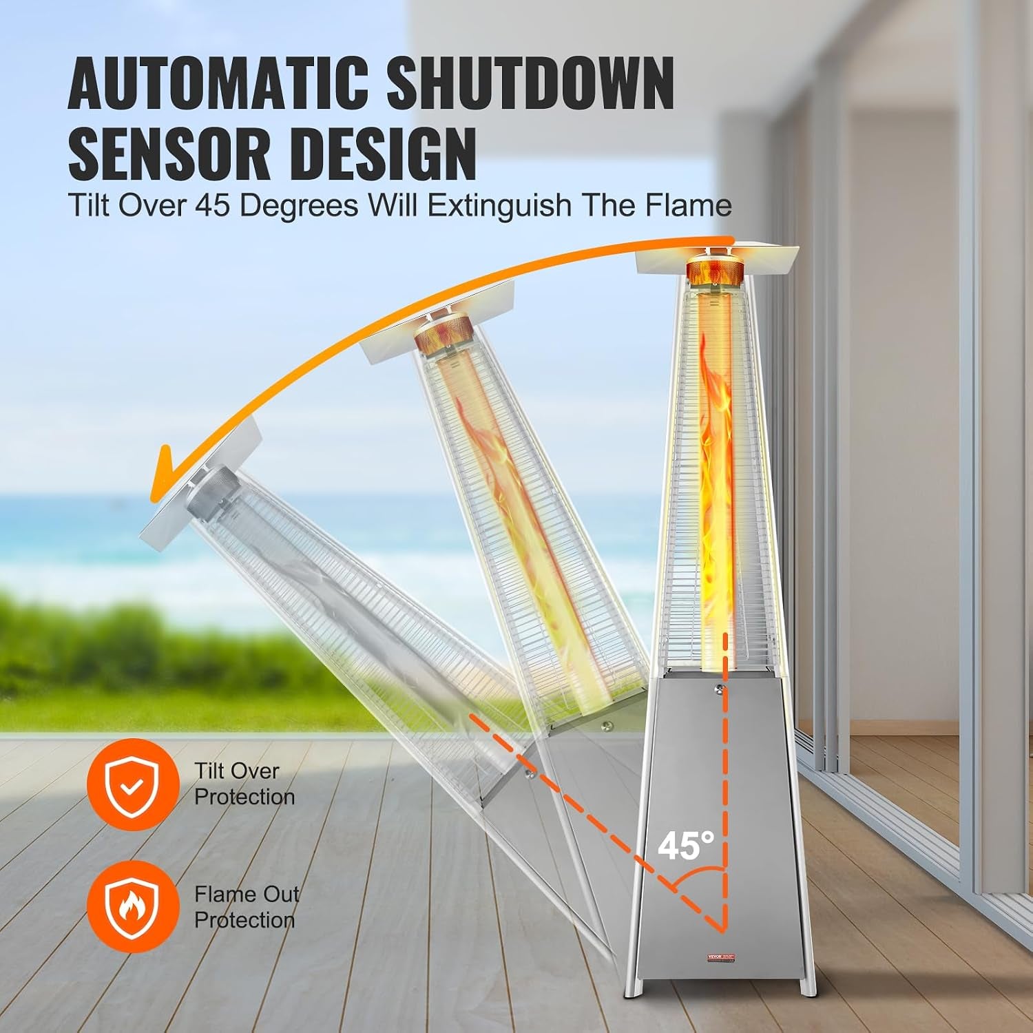 Pyramid heater shown tilting to illustrate automatic 45° shutoff and flame-out protection graphics