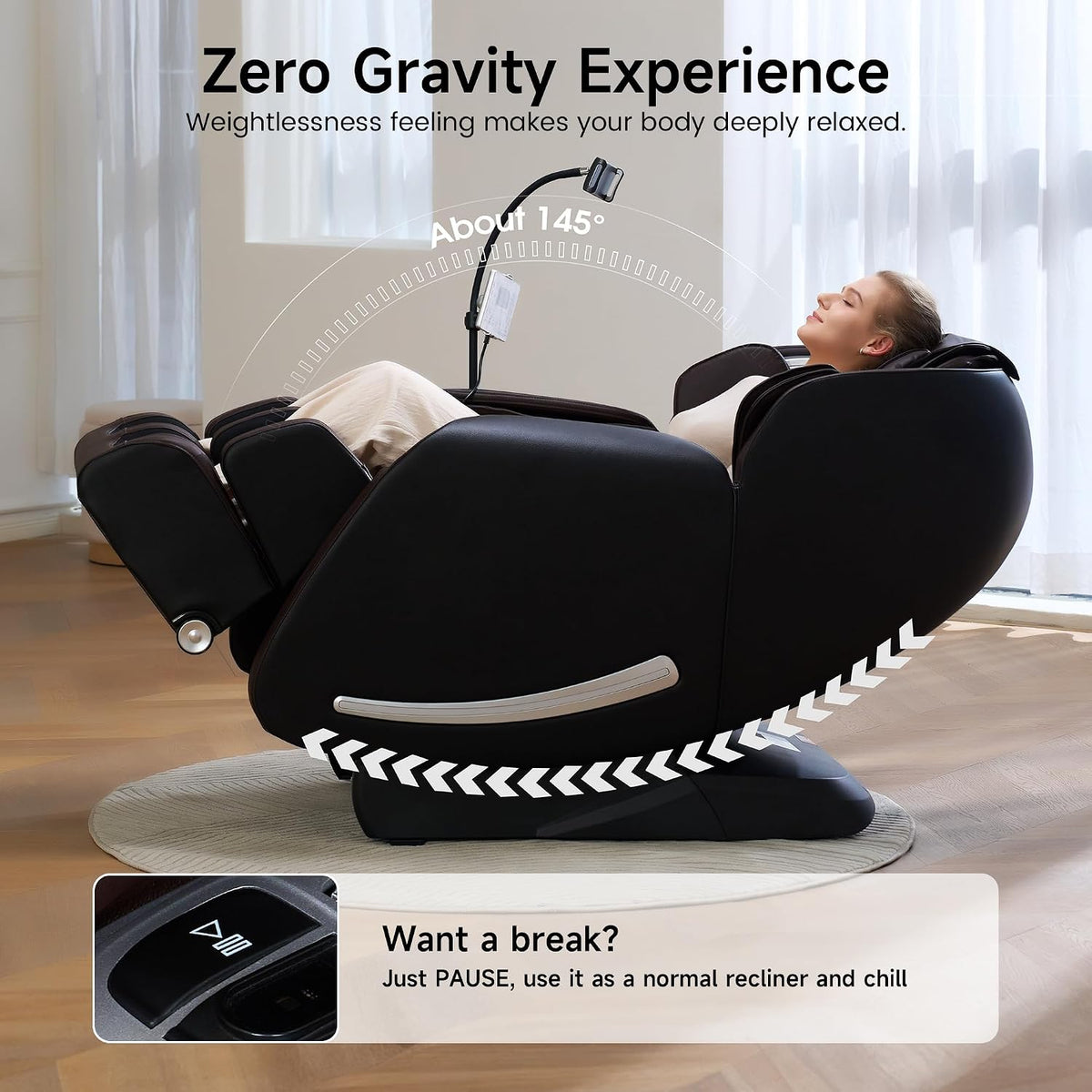 Side profile of the reclined massage chair showing a woman in a zero-gravity position with curved motion arrows along the