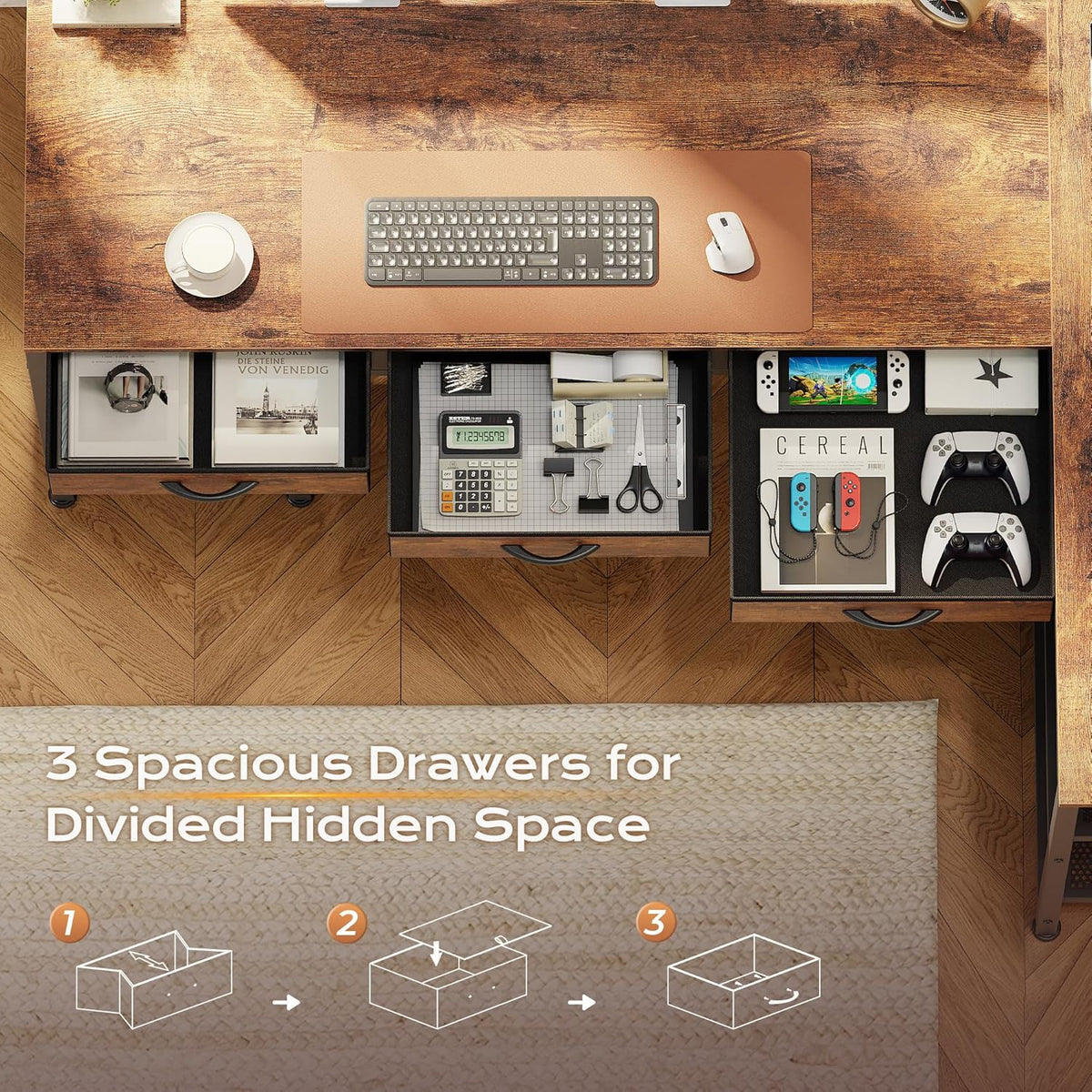 Top-down view into three open drawers, each organized with office supplies and gaming controllers under the desktop.