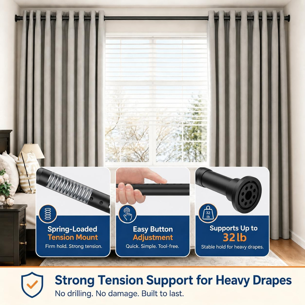 Black tension rod across a bedroom window scene with inset graphics showing spring-loaded mount and adjustment.