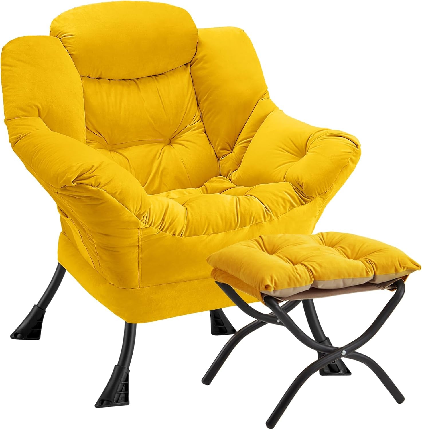 Bright yellow plush folding armchair paired with a tufted ottoman, both on black metal legs