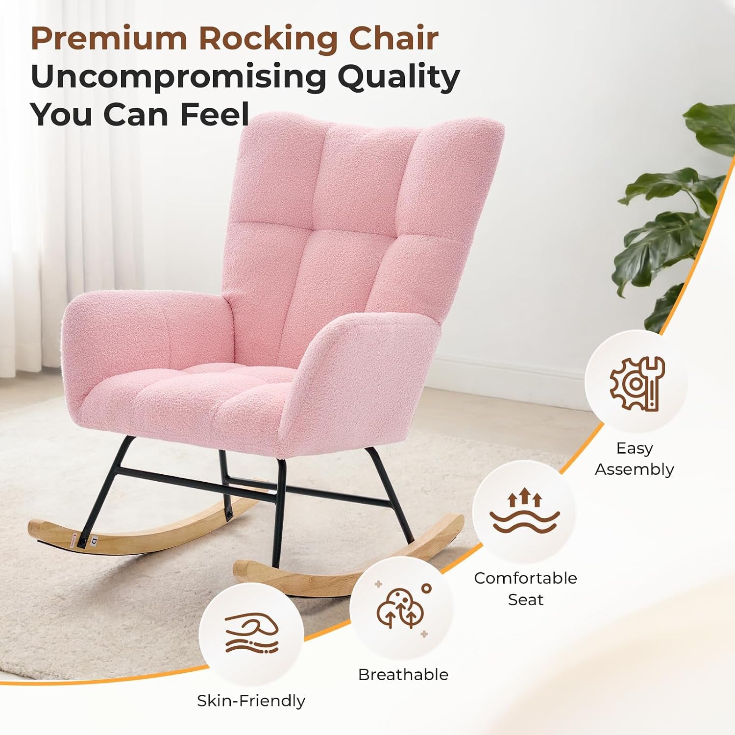 Three-quarter view of pink rocking chair on rug showing skin-friendly fabric and comfortable seat