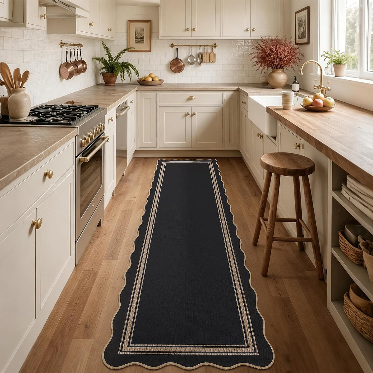 Long black scalloped runner with bordered pattern in a bright kitchen between cabinets