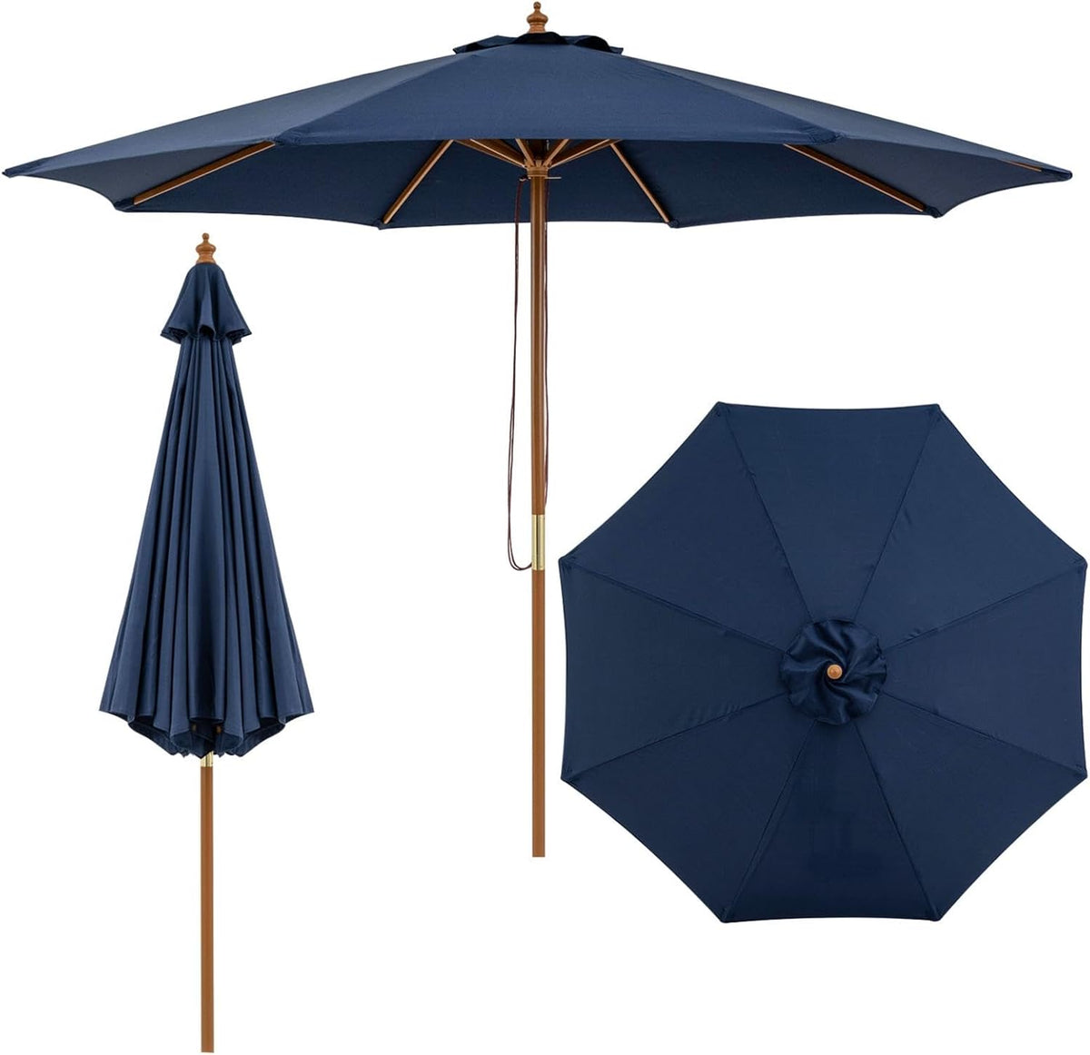 Navy umbrella shown open, with folded sleeve and octagonal top-down inset highlighting center rosette.
