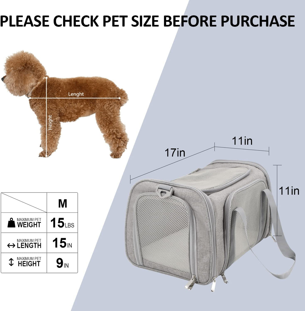 Sizing graphic with a small dog silhouette at left and the carrier at right showing measured dimensions.