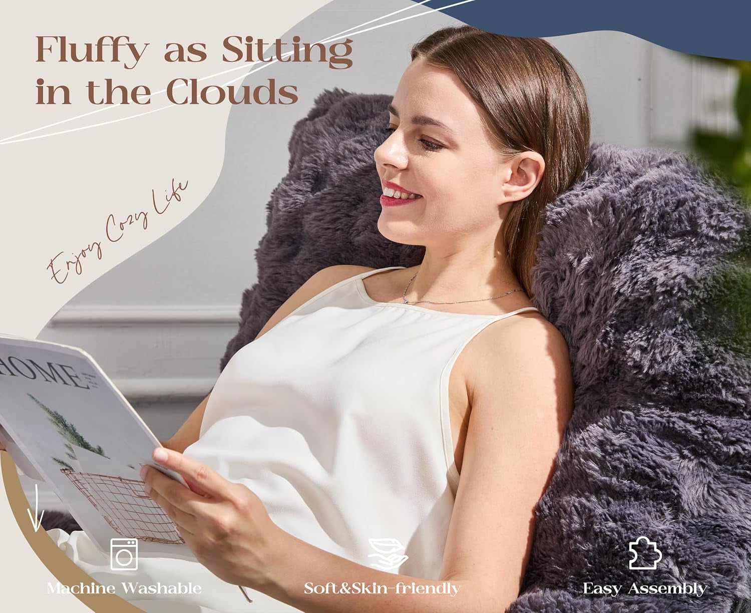 Close-up of a woman leaning against the plush, furry backrest while reading, showing soft texture.