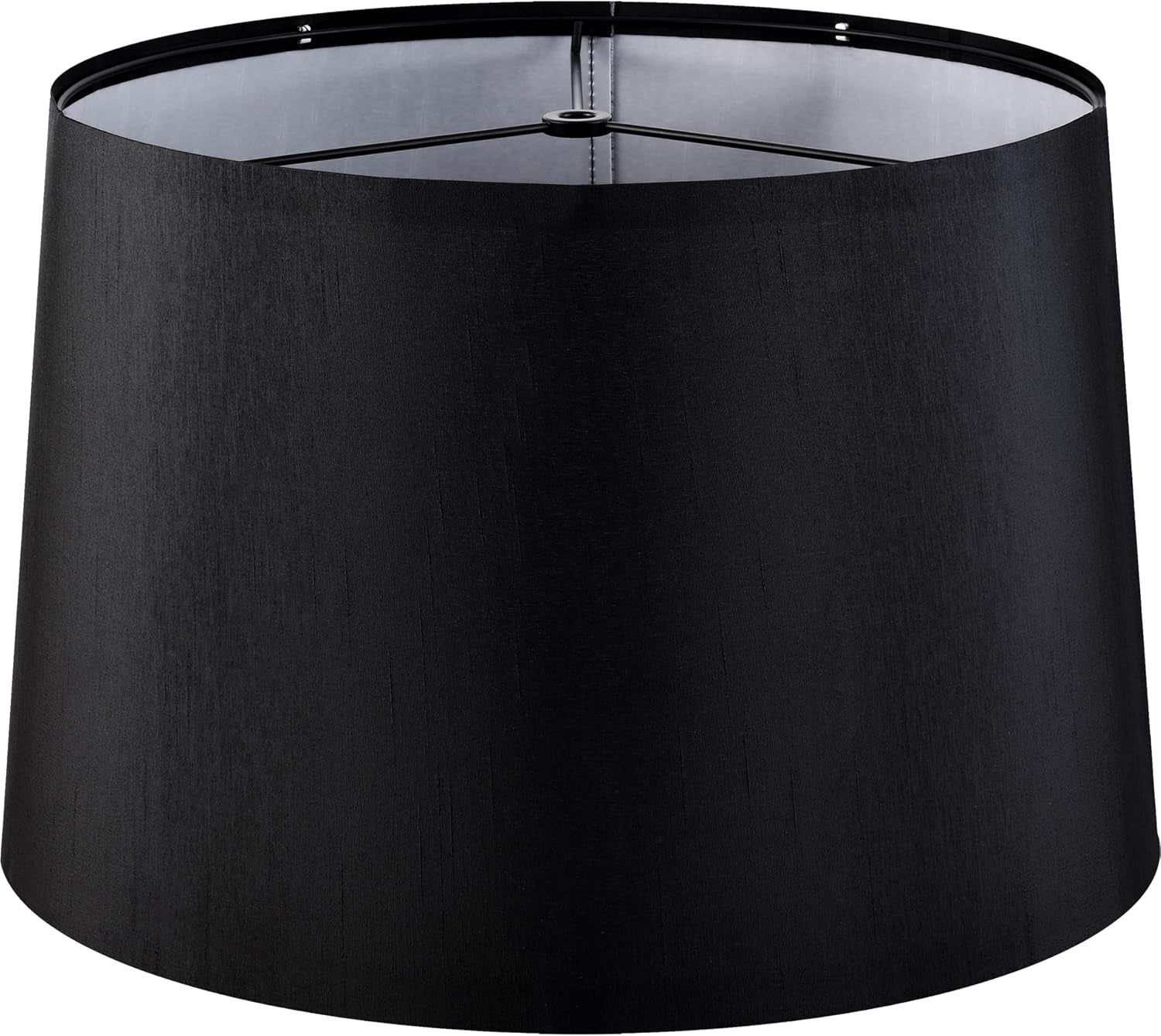 Black drum lamp shade viewed from a slight top angle showing inner frame and spider fitter