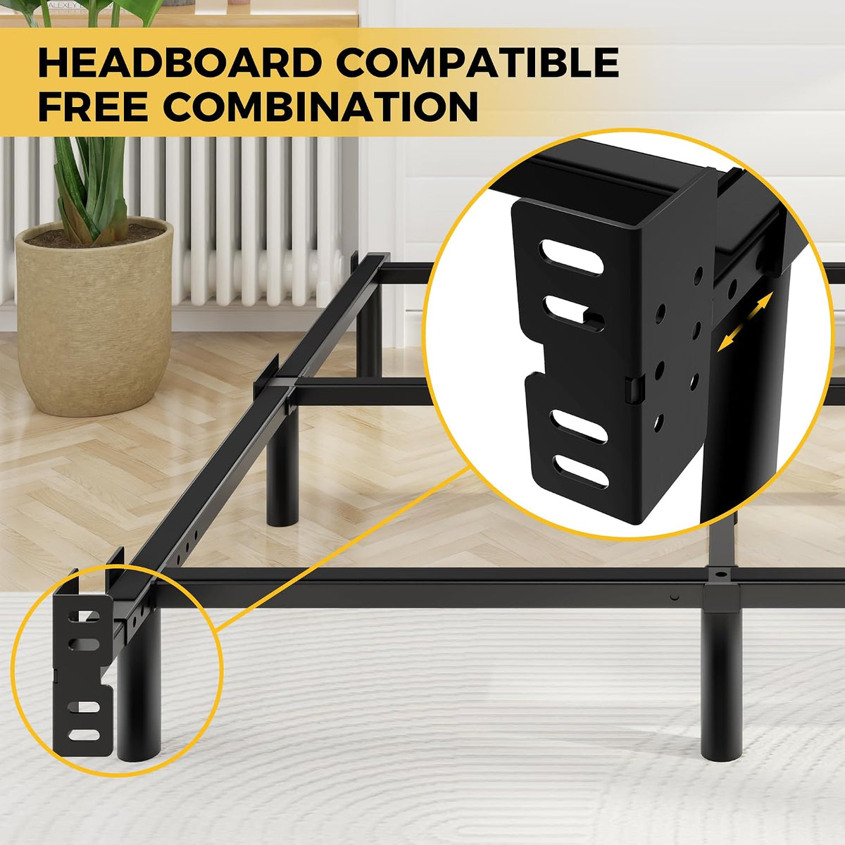 Close-up of adjustable headboard bracket and metal frame corner over wood floor.