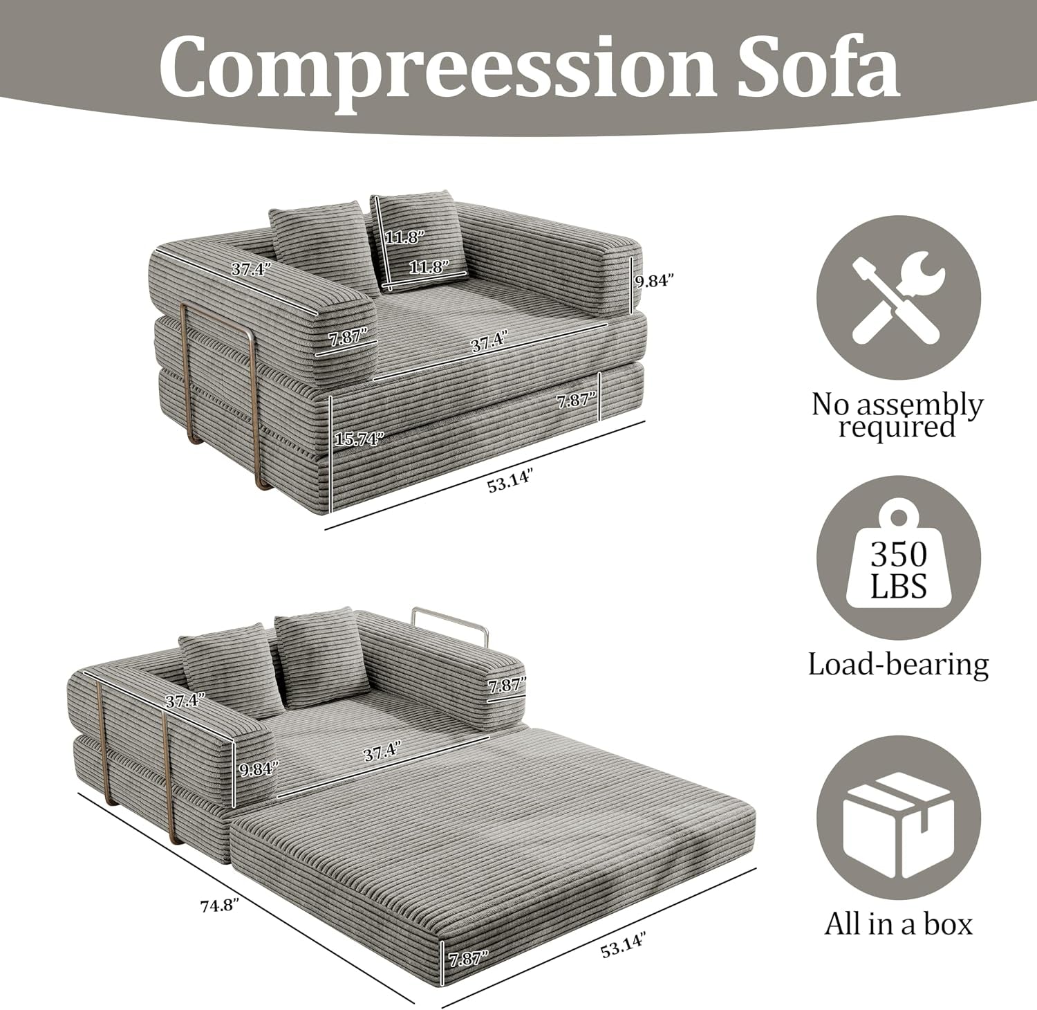 4 in 1 Convertible Sofas Boneless Couches with 2 Pillow, Modern Corduroy Futon Bed, Modular Queen Sofa with Pull-Out Bed, Loveseat for Living Room, Small Space Apartment 53.15" Double Sofa