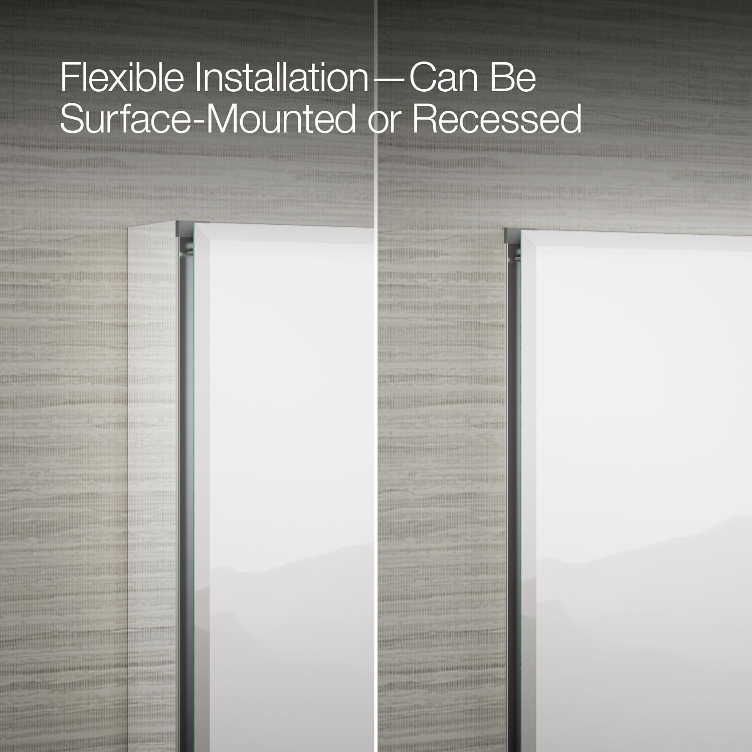 Side-by-side comparison of surface-mounted and recessed installations of the frameless mirrored cabinet
