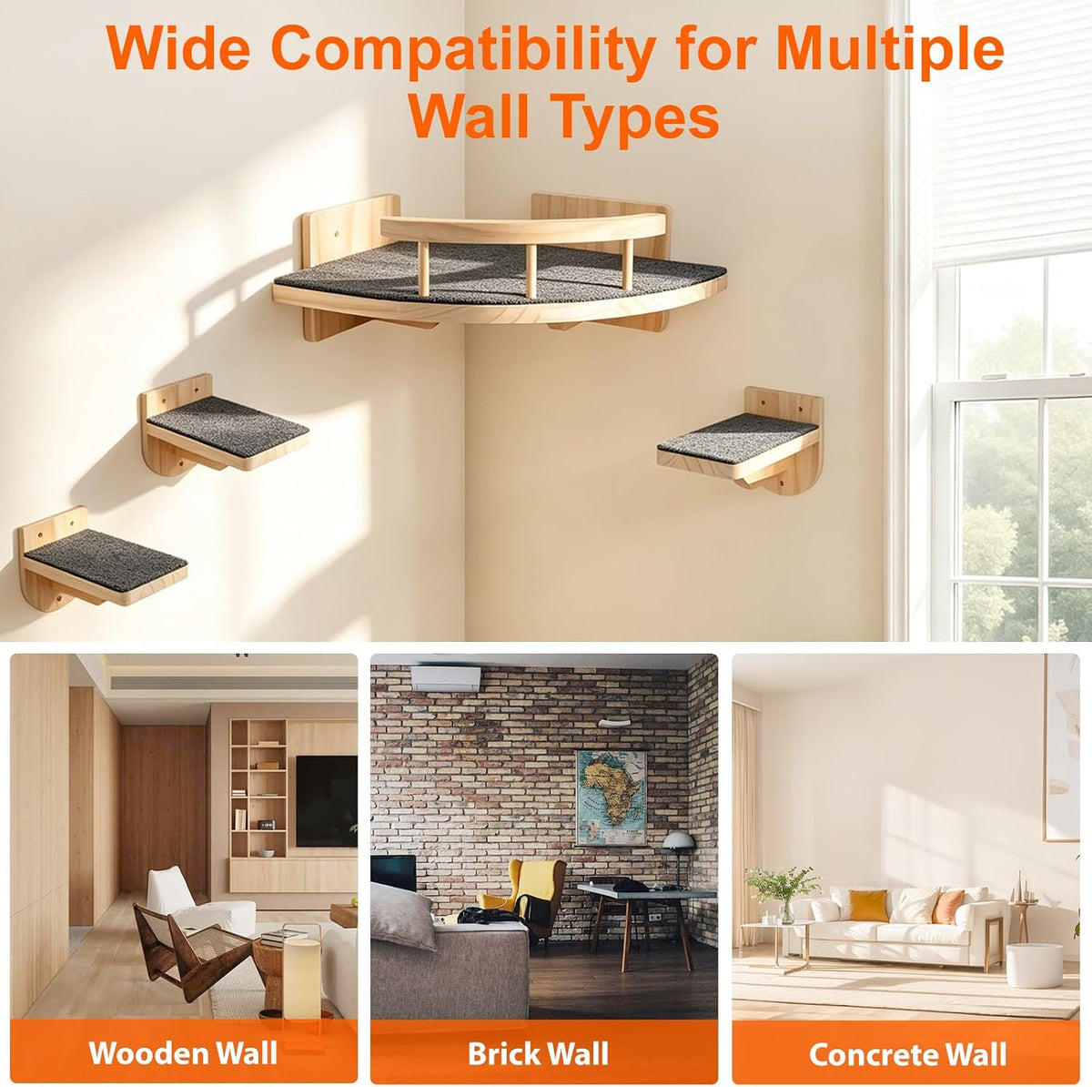 Corner-mounted wooden cat bed with three small stepping shelves installed on a pale wall