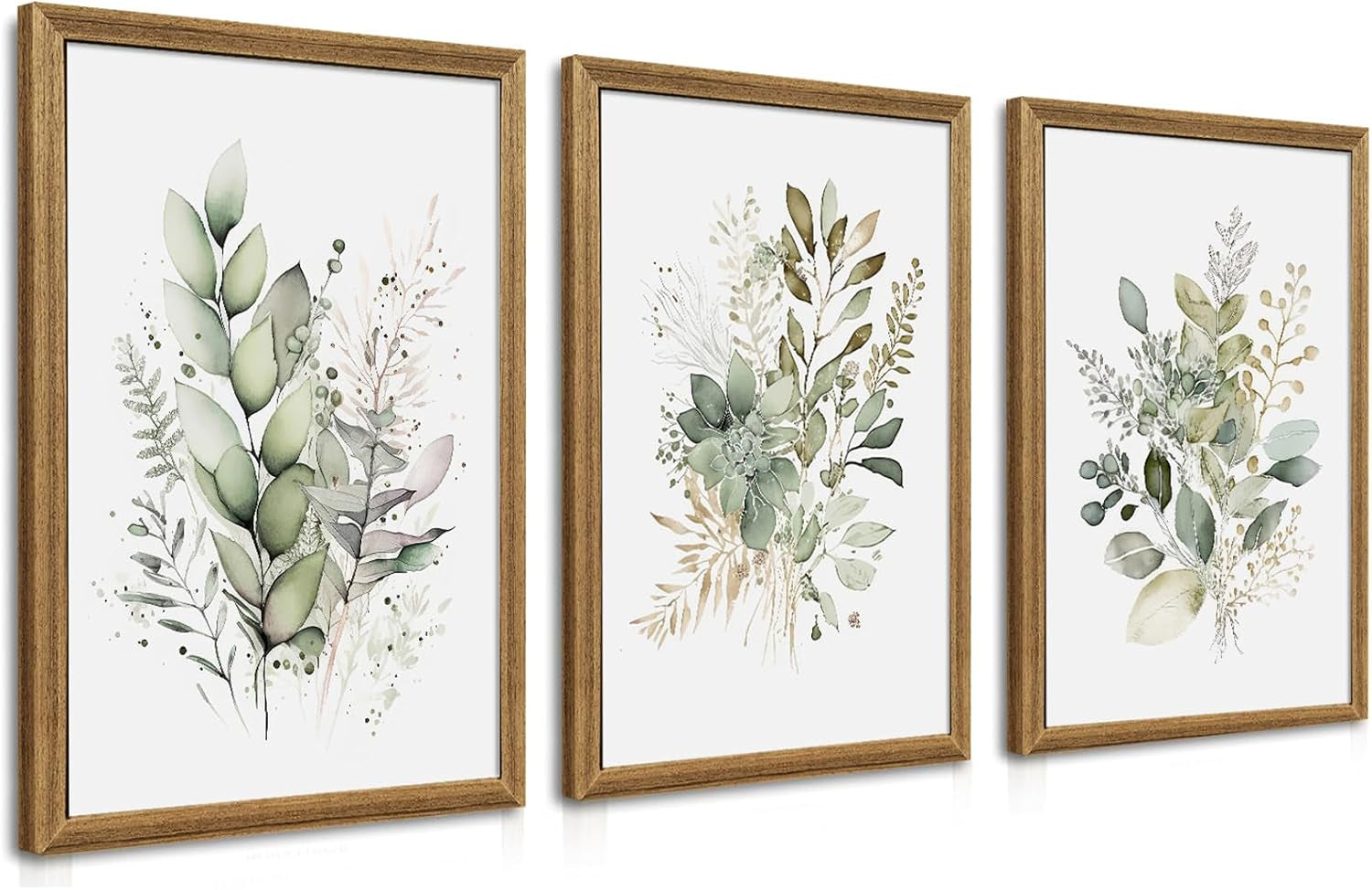 Three framed sage-green botanical watercolors shown slightly angled, focusing on leaf textures and wood frame grain.