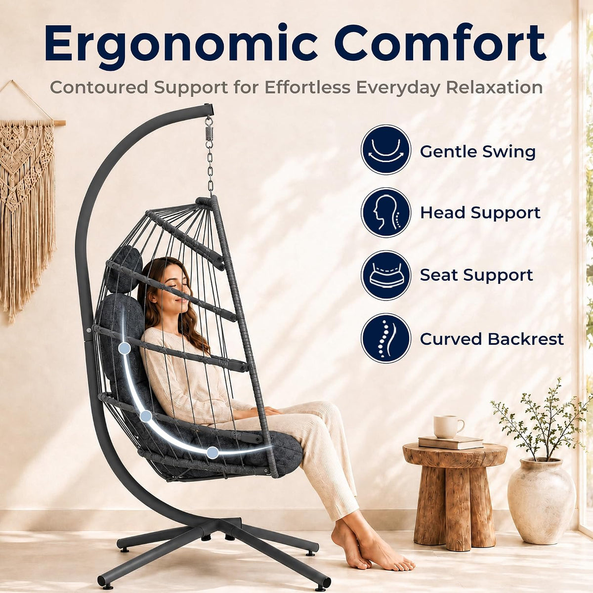 Side profile of egg-shaped wicker chair on stand showing curved backrest and contoured cushioning for ergonomic support