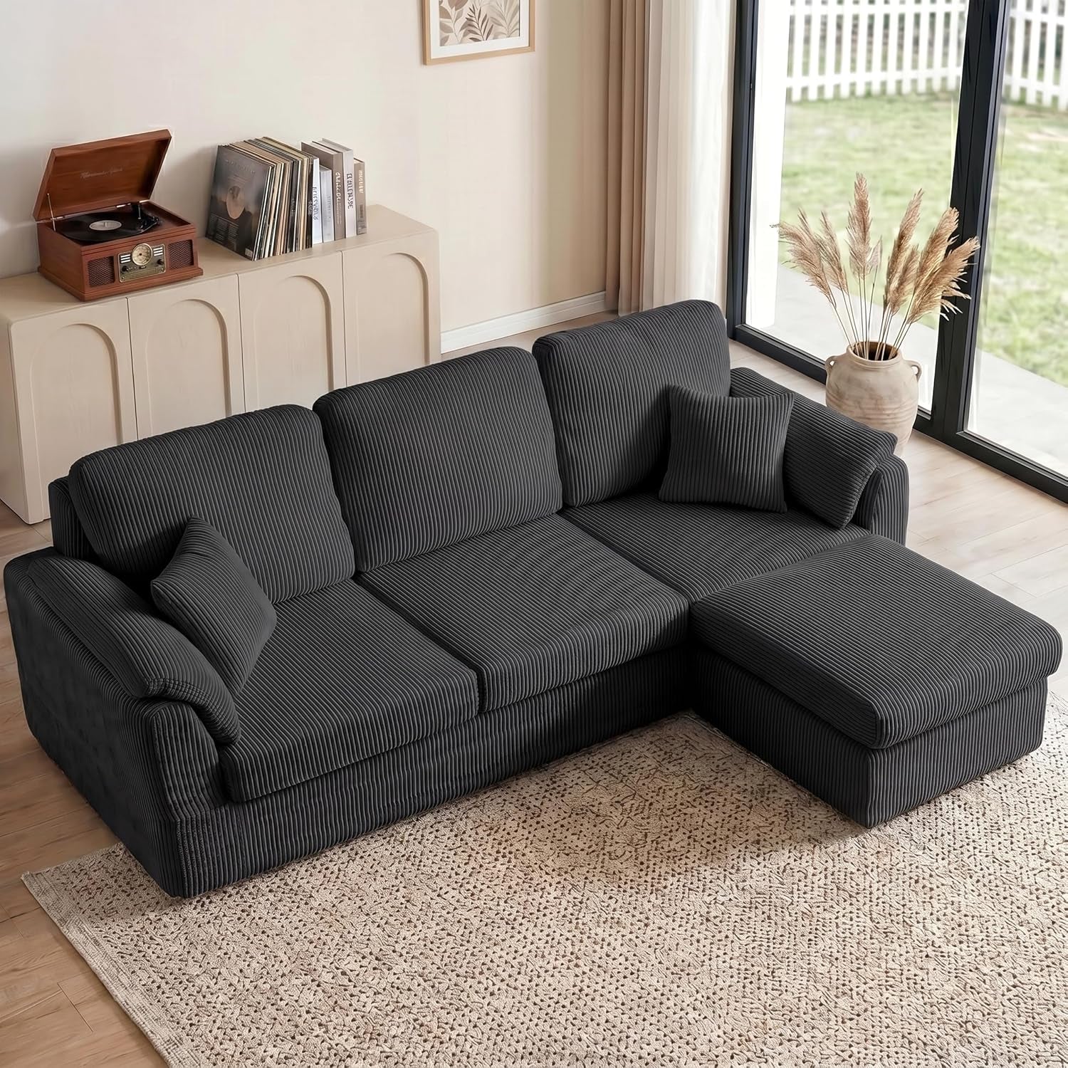 86" Boneless Couches for Living Room, L-Shaped Corduroy Cloud Couch, Modular Sectional Couch with Ottoman, Deep Seat Plush Foam Sofa, No Assembly Required, Black