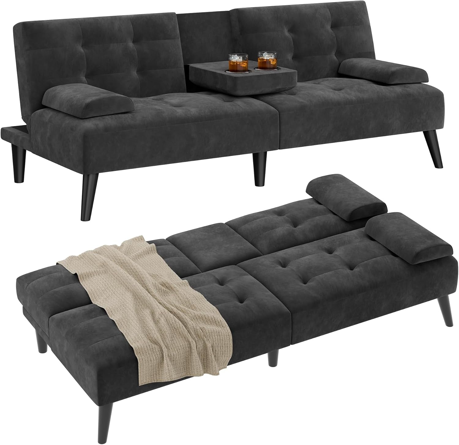 64" Futon Sofa Bed, Velvet Foldable Couch, Reclining Sleeper with Removable Armrests, Upholstered Loveseat Sofa Couch with Folding Cup Holders for Home, Office, Black