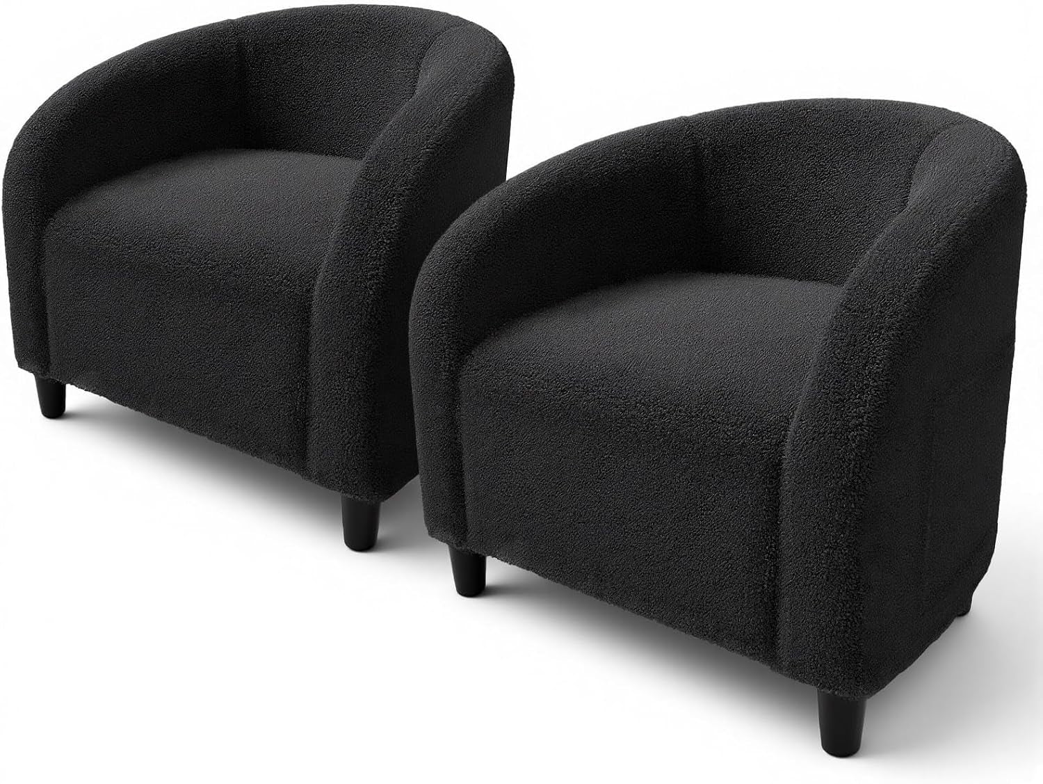 Two barrel-style boucle chairs in dark charcoal shown side by side on a white background.