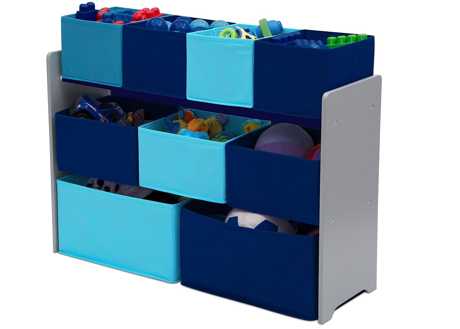 Side/front view of the three-tier gray organizer showing nine navy and aqua fabric bins with toys inside on a white