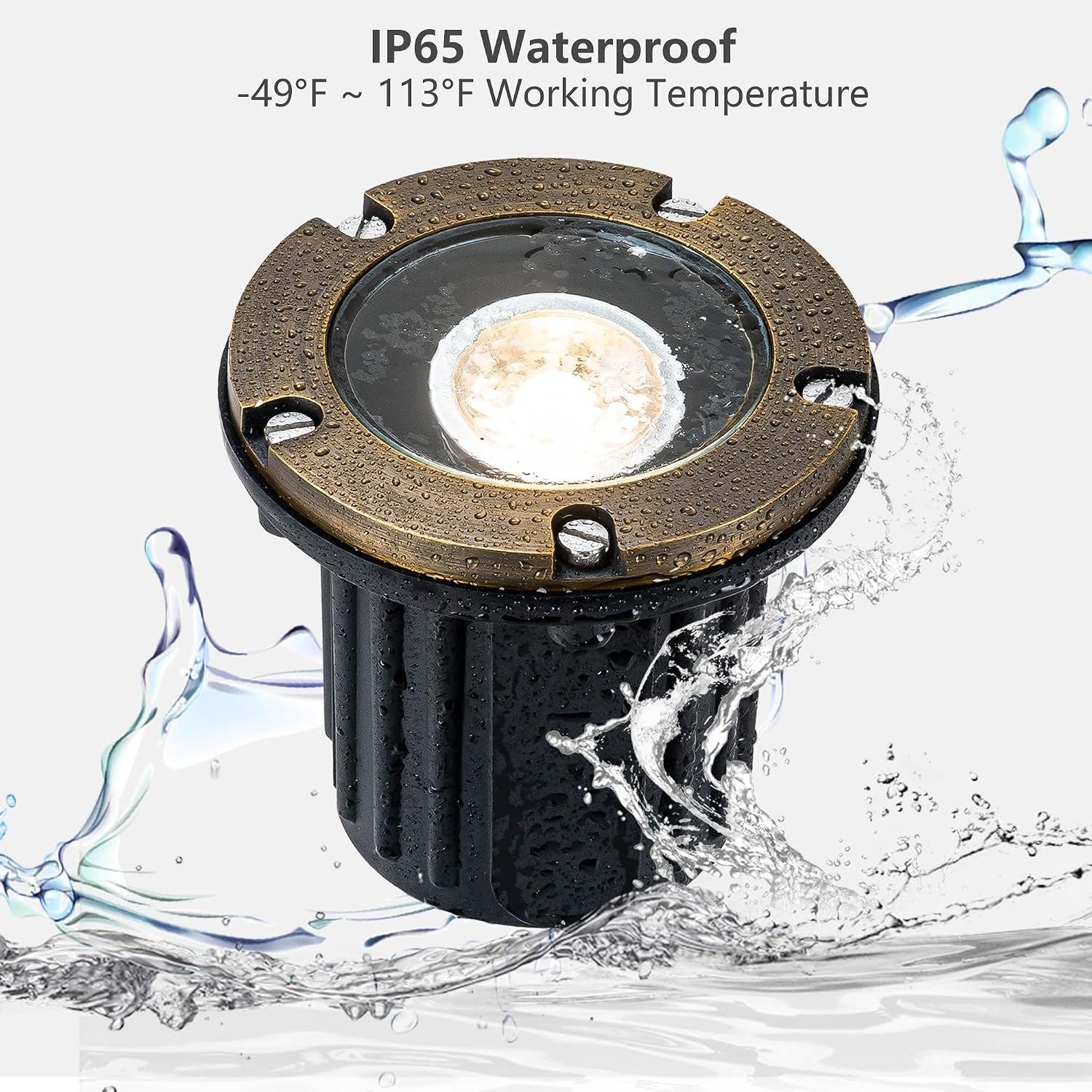 Well light under water spray to illustrate IP65 waterproof protection with droplets on the brass top