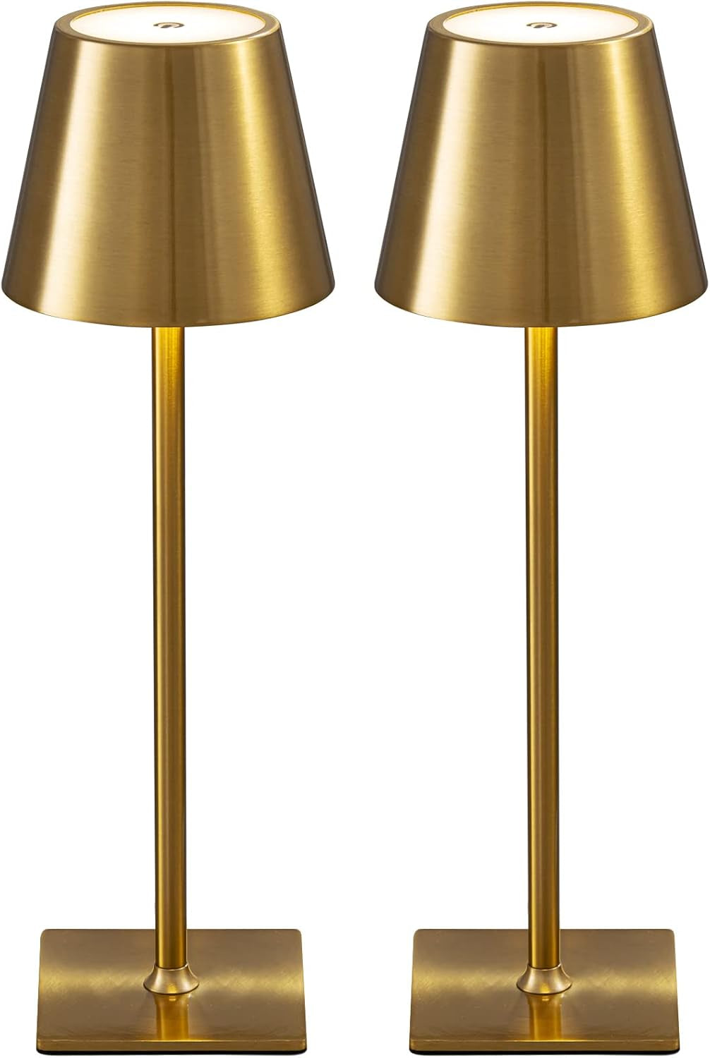 Close-framed front view of two metallic gold cordless table lamps showing brushed finish and square bases