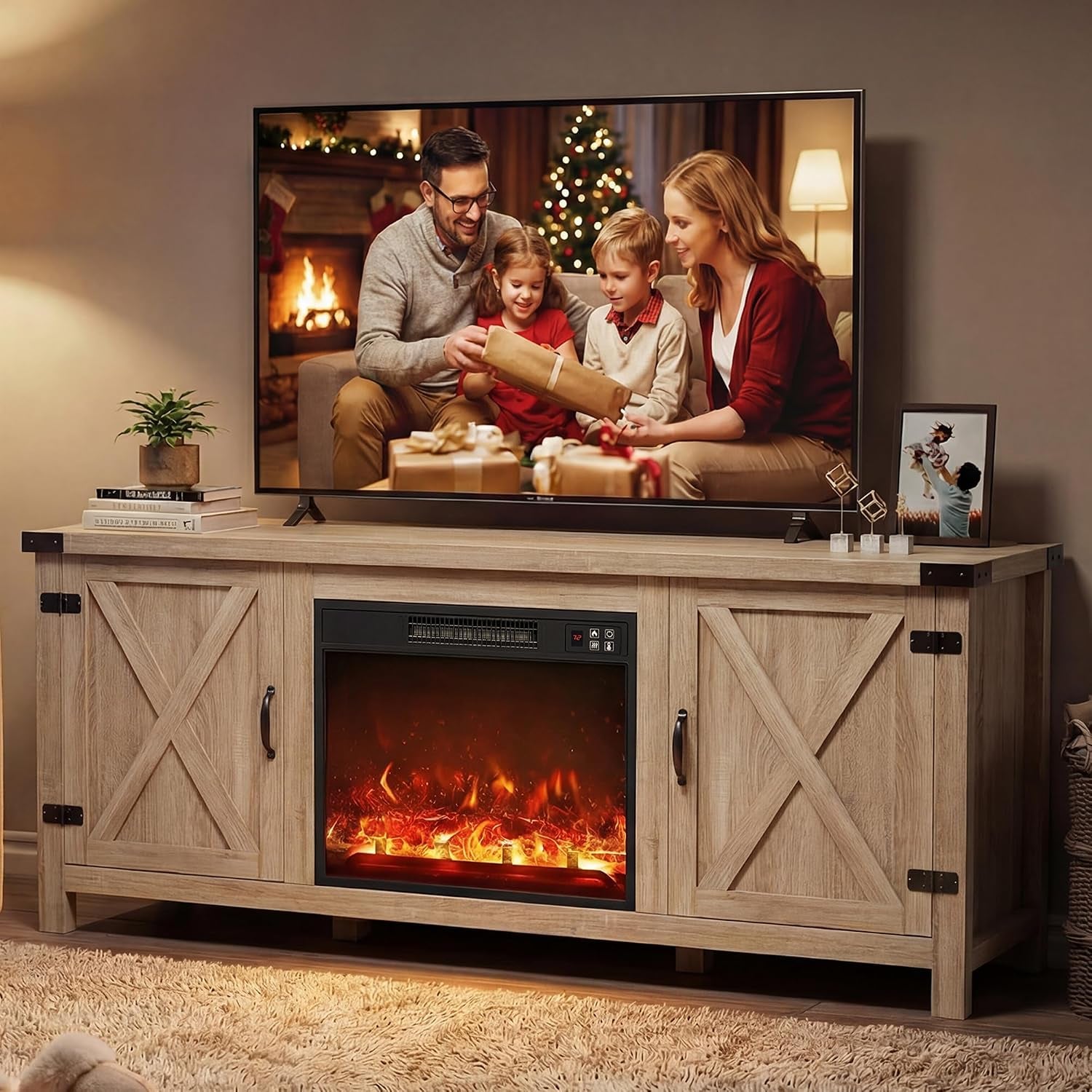 Light beige farmhouse media console under a mounted TV, decorated with photo frame and small plant.