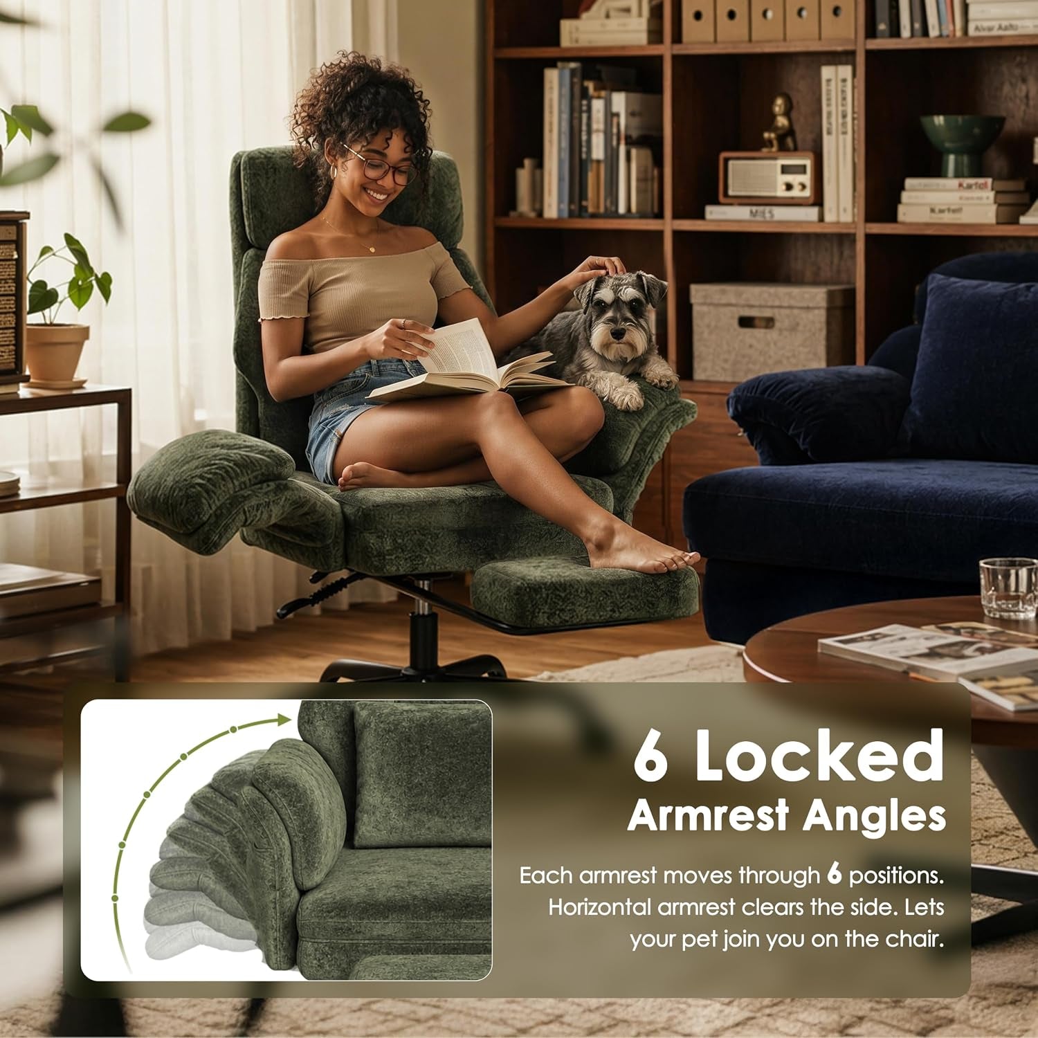 Chair detail showing six locked armrest angles with an armrest partially folded and a relaxed user seated