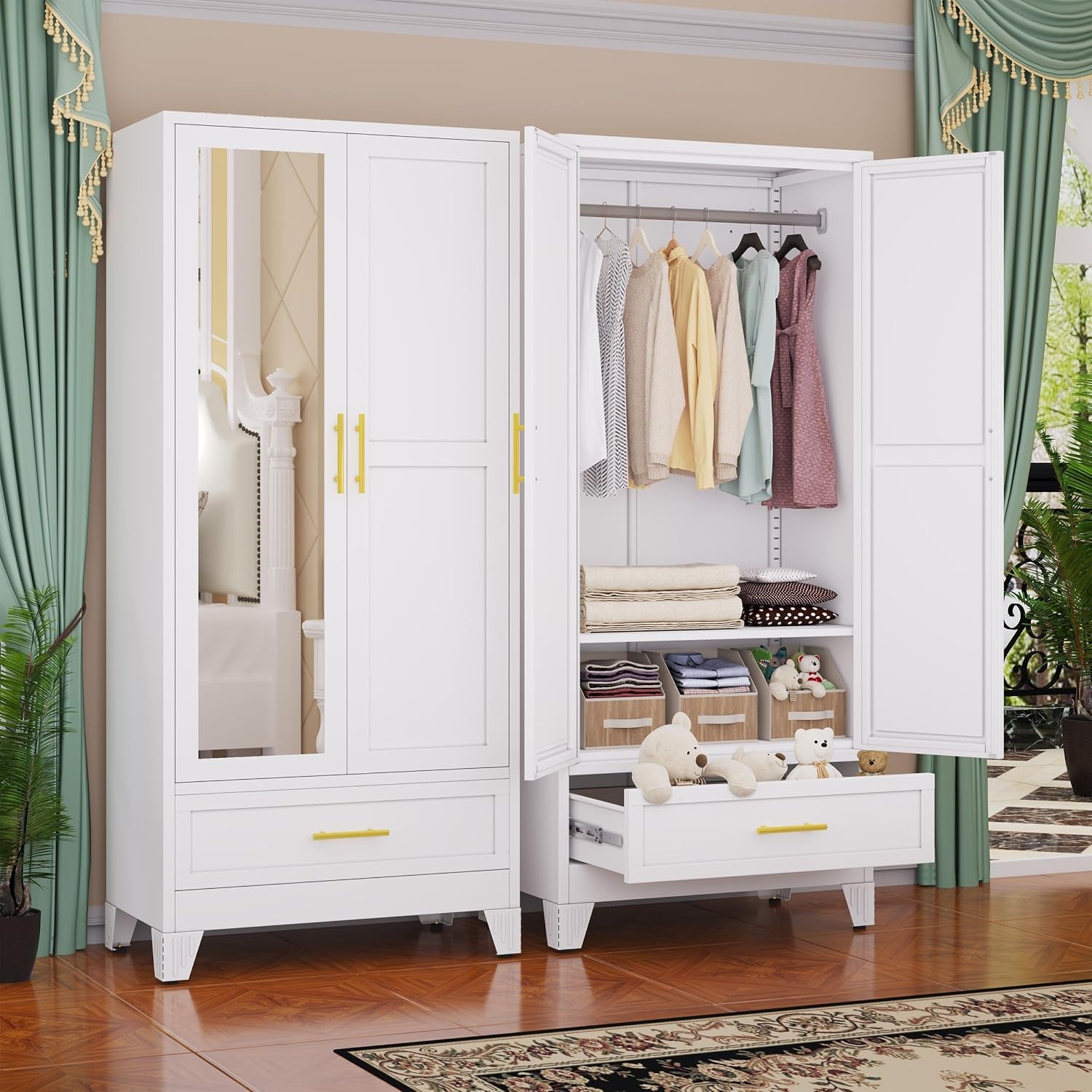 White wardrobe set with one mirrored door; adjacent unit open revealing hanging rod, folded linens and an open bottom drawer.