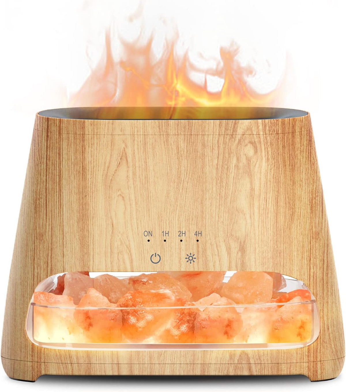 Wood-grain diffuser front close-up showing Himalayan salt crystals in the tray, touch buttons and simulated flame effect