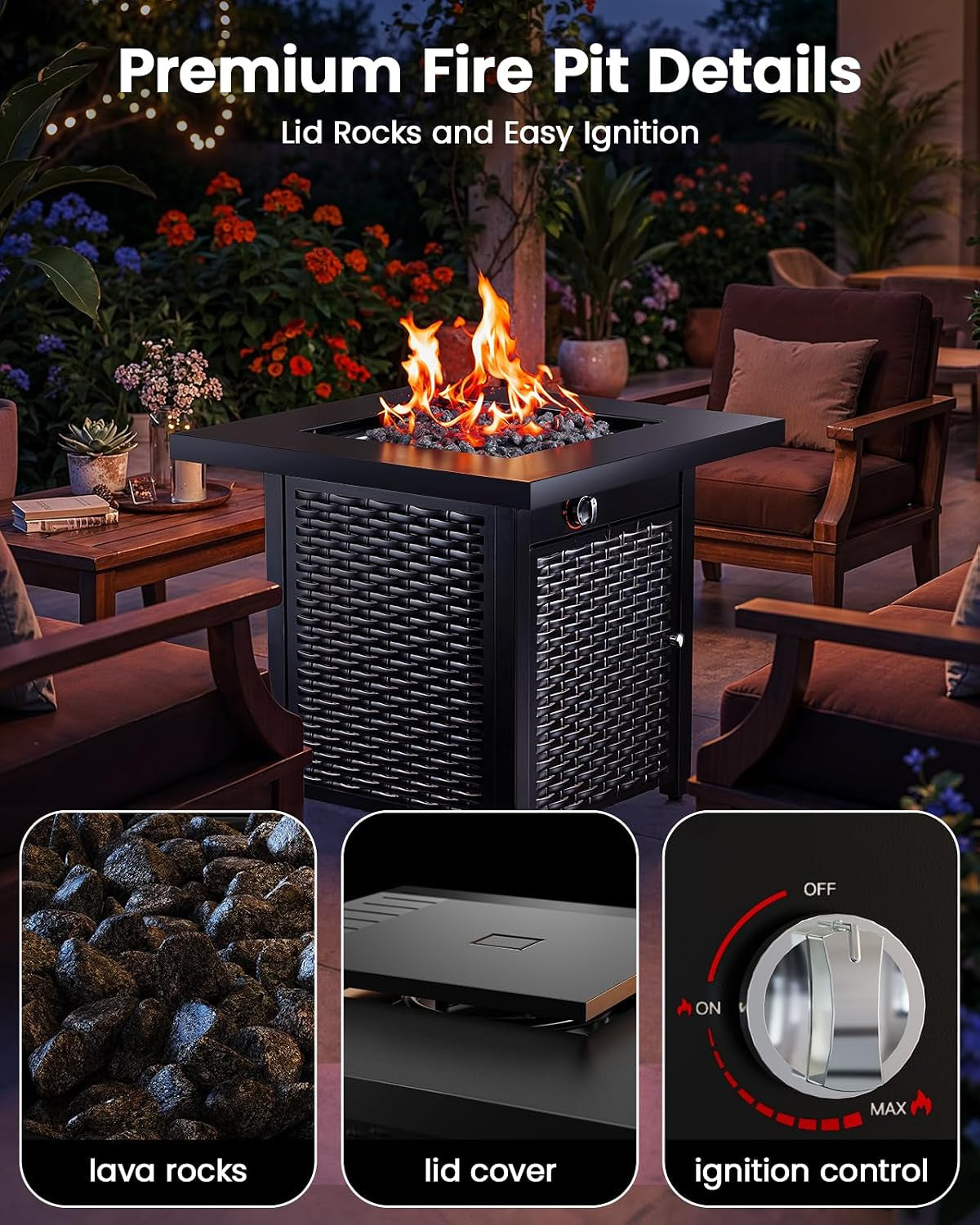 Close-up collage showing lava rocks, removable lid cover, and ignition control knob on a black fire pit tabletop