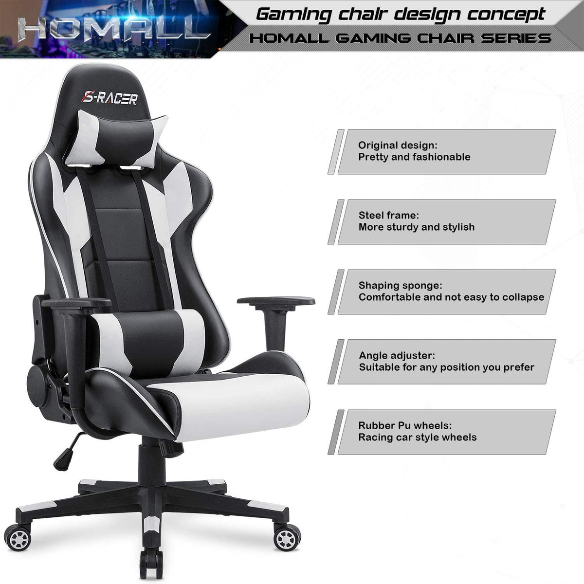 Front-facing chair close-up highlighting contoured back, armrests and racing-style rubber casters