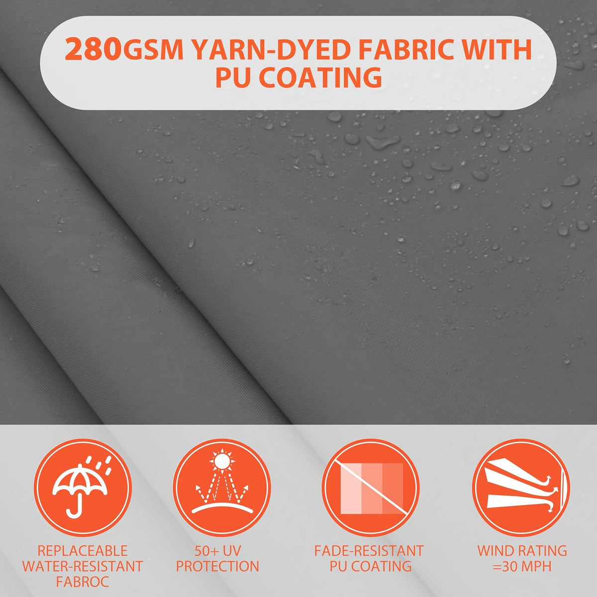 Close-up of grey awning fabric with water droplets and four orange feature icons below
