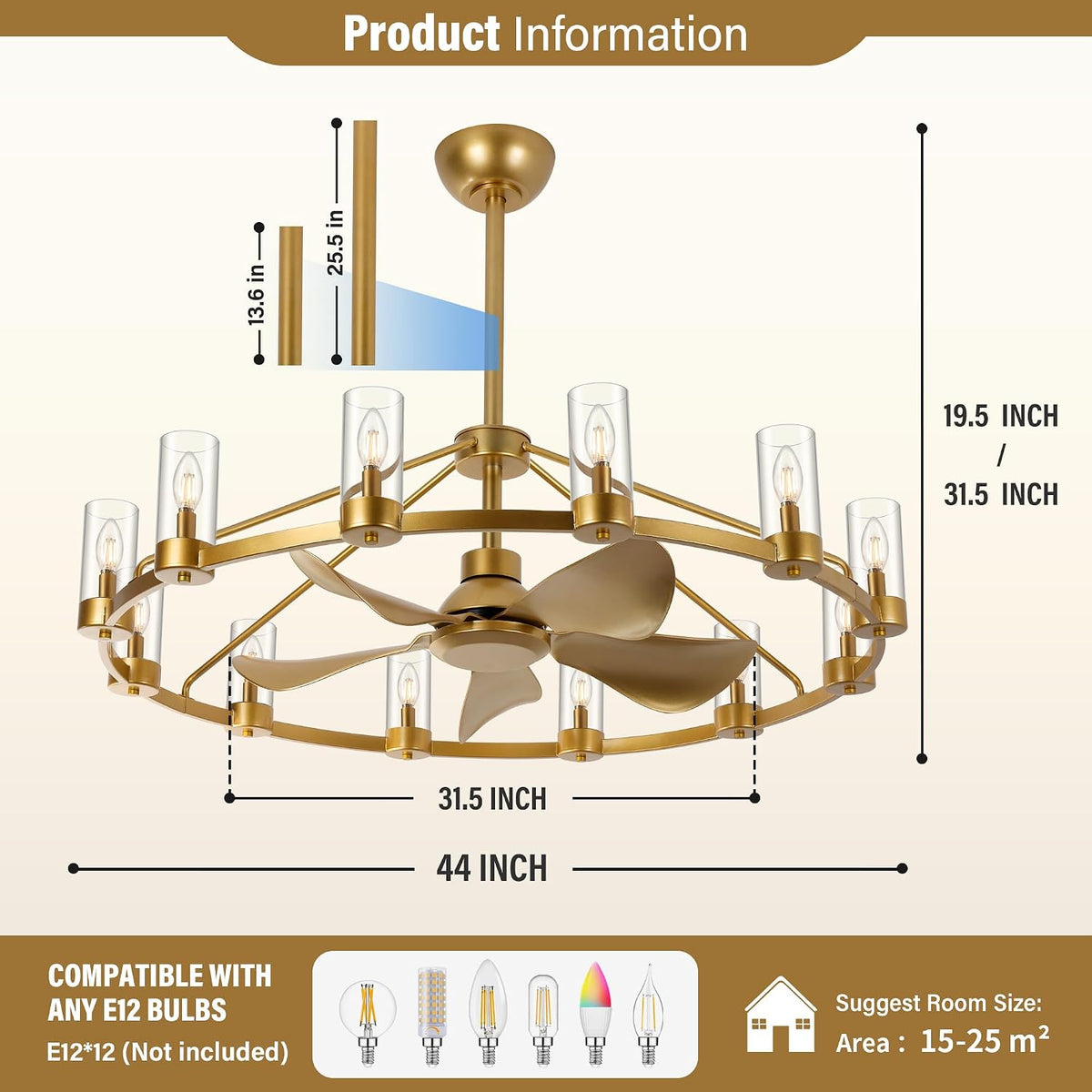 Graphic diagram showing 44-inch wagon-wheel fan dimensions and adjustable 19.5" / 31.5" downrod options