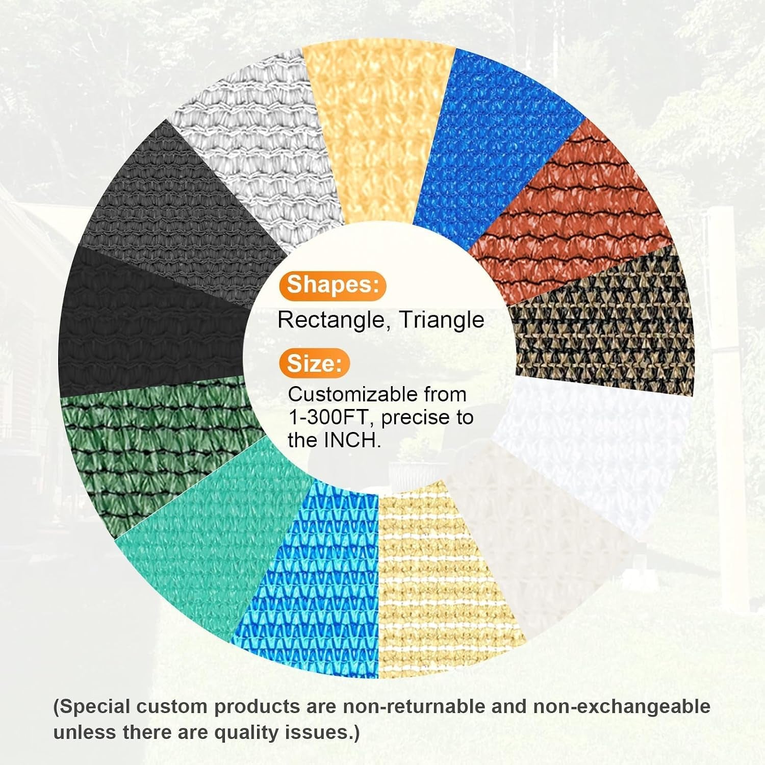 Circular swatch chart showing multiple shade sail colors and noting rectangle and triangle shapes with customizable sizes