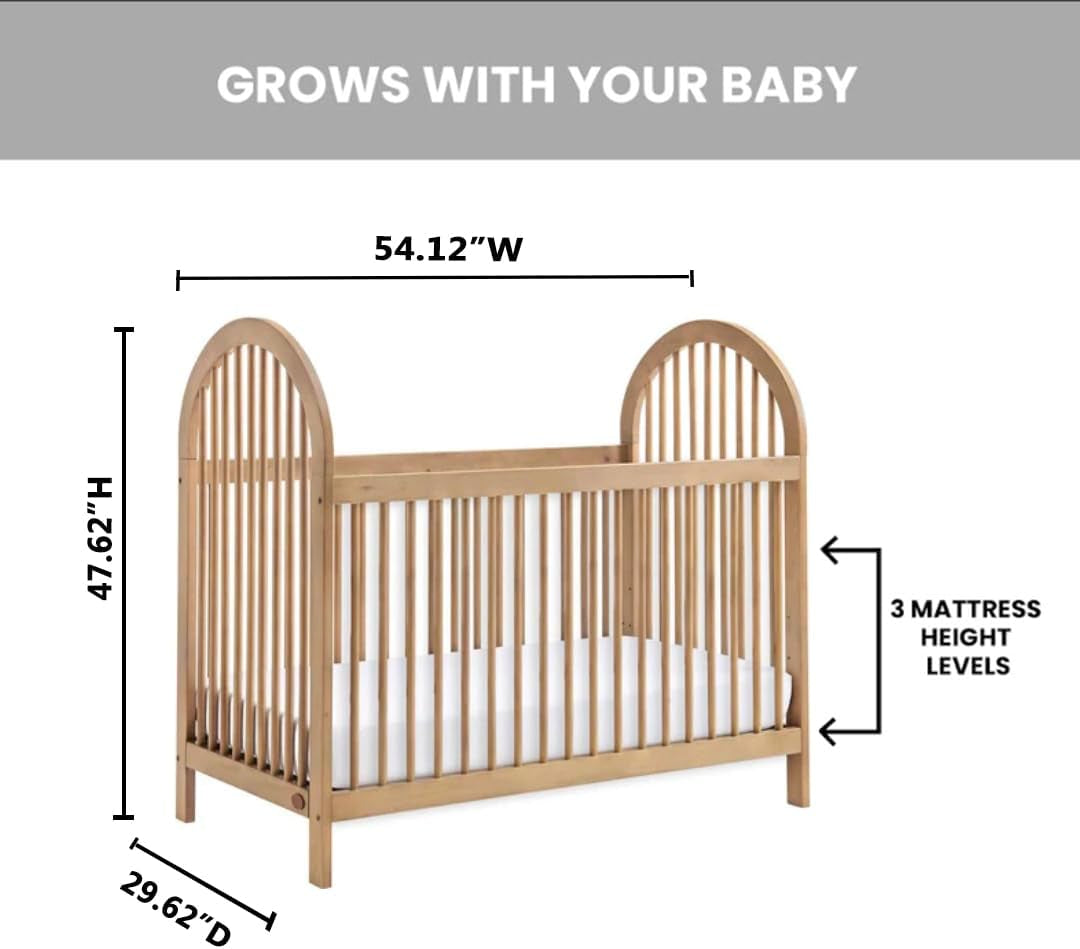 Three-quarter view of the crib with arrows showing width, height, depth and mattress height levels