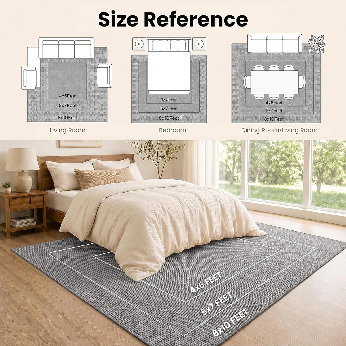 Size reference graphic showing 4x6, 5x7 and 8x10 overlays in living room, bedroom and dining layouts