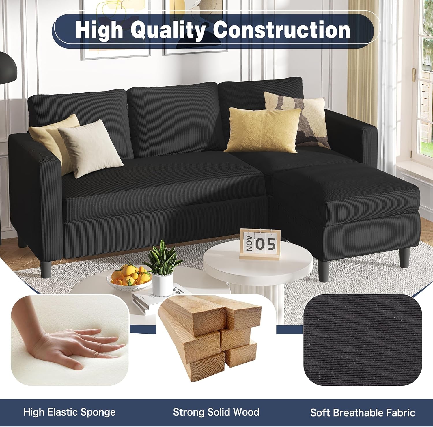L Shaped Sectional Sofa Couch,Convertible Modular Sofas with Movable Ottoman,3-Seat Upholstered Corduroy Couch,Small Couches for Living Room,Apartment,Office(Black)